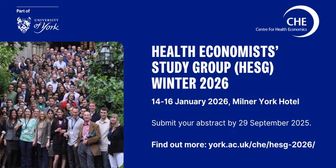 A promotional image for the Health Economists' Study Group (HESG) Winter 2026 event is displayed. The left side features a group photo of attendees in front of a building at the University of York, while the right side, with a dark blue background, lists key event details in white text. The event will take place from 14-16 January 2026 at the Milner York Hotel, with an abstract submission deadline of 29 September 2025. The image also provides a link for more information: york.ac.uk/che/hesg-2026/.