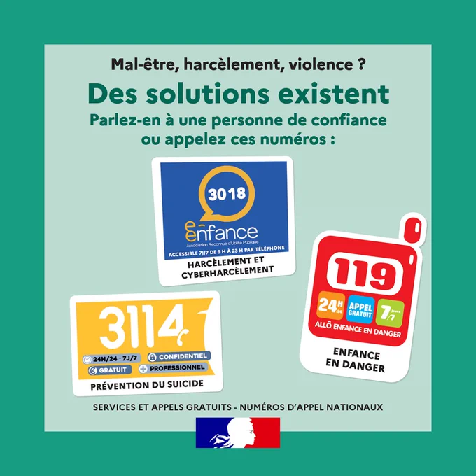 Visuel d'illustration : affiche des numéros d'appel nationaux

Mal-être, harcèlement, violence ? Des solutions existent  ! Parlez-en à une personne de confiance ou appelez ces numéros :
Harcèlement et cyberharcèlement : 30 18
Prévention suicide :  31 14
Enfance en danger : 119
Services et appels gratuits - numéros d'appel nationaux