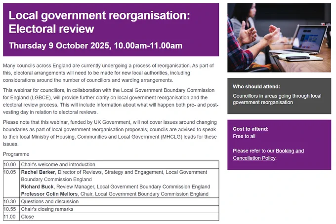 Screenshot of the sign-up page for the Local government reorganisation: Electoral review online event, with description of the webinar and programme details of timings and speakers.