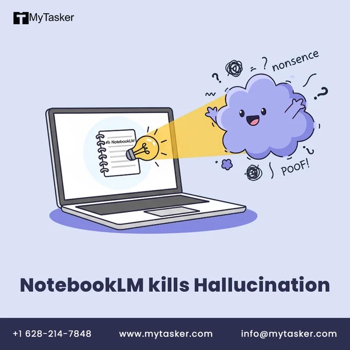 A lightbulb shines a beam from a laptop screen onto a whimsical, purple cloud labeled "nonsense" that is puffing out and vanishing. The cloud is depicted as a cartoon monster with a smiling face and arms raised in a "poof!" pose. The laptop screen shows a spiral notebook icon with the name "NotebookLM" at the top. The image's text reads, "NotebookLM kills Hallucination."
