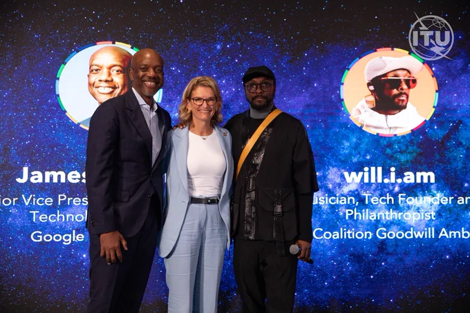 Photo of ITU Secretary-General Doreen Bogdan-Martin, Goodwill Ambassador for the AI Skills Coalition will.i.am and Senior Vice President of Research, Labs, Technology & Society at Google James Manyika at Digital@UNGA