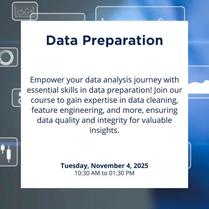 Data Preparation

Empower your data analysis journey with essential skills in data preparation! Join our course to gain expertise in data cleaning, feature engineering, and more, ensuring data quality and integrity for valuable insights.

Tuesday, November 4, 2025
10:30 AM to 1:30 PM