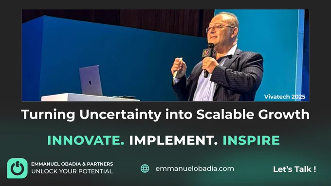 Emmanuel Obadia speaking on stage at Vivatech 2025, presenting the IMPACT Transformation Playbook to help B2B tech leaders turn uncertainty into scalable growth.