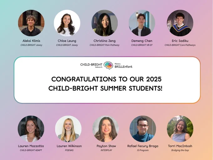 Photos on a pastel rainbow gradient background of the summer studentship participants above and below a congratulations message