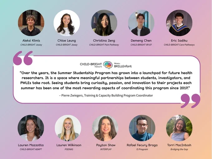 Photos on a pastel rainbow gradient background of the summer studentship participants above and below a quote from the program coordinator