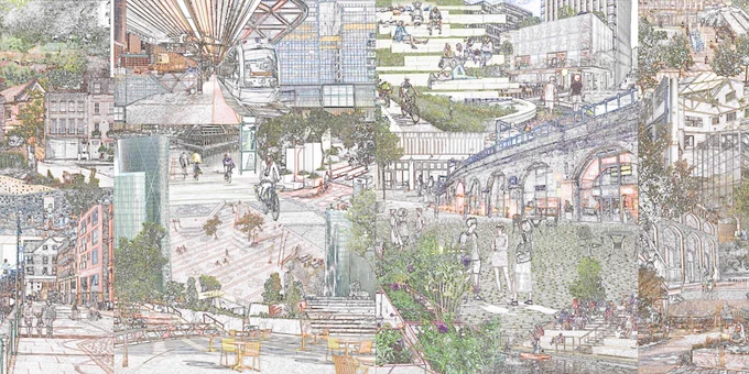 Detailed illustration of a bustling urban scene depicting various activities with infrastructure like buildings, bridges, and parks, without mentioning specific locations or individuals.
