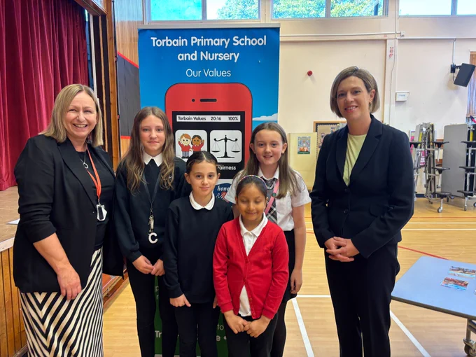 Education Secretary meets staff and pupils at Torbain Primary School.