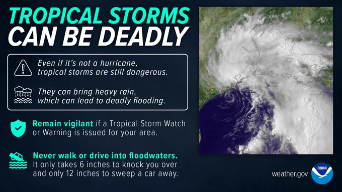 Graphic showing an image of a hurricane on a radar map with the text "Tropical storms can be deadly. Even if it's not a hurricane, tropical storms are still dangerous. They can bring heavy rain, which can lead to deadly flooding. Remain vigilant if a Tropical Storm Watch or Warning is issued for your area. Never walk or drive into floodwaters. It only takes 6 inches to know you over and only 12 inches to sweep a car away. Weather.gov."