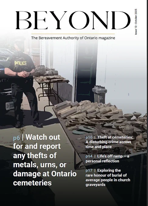 The BAO's Beyond magazine cover shows an image of a police officer looking over stolen grave marker plaques and metals.