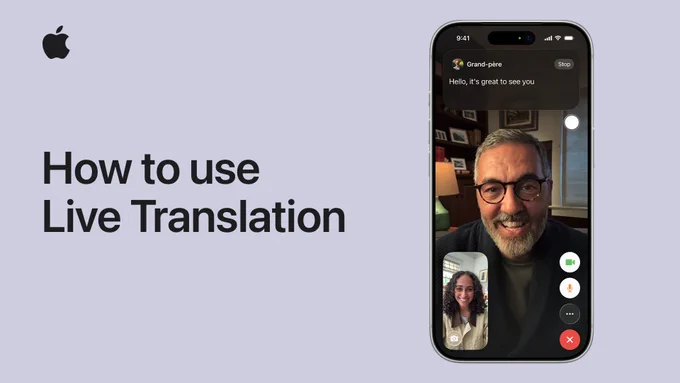 How to use Live Translation. iPhone shows a FaceTime video call in progress with Live Captions providing a translation of the conversation from French to English.