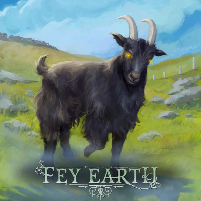 The image shows a great, shaggy haired black goat running through a field with blue skys above. Beneath the goat is a large shadow, however the shadow does not match the goat's body. The shadow has a horses head beneath the goats head, to the left of the goats body is a shadow in th shape of a dogs head and to the right of the goats body the shadow is in the shape of a birds wing