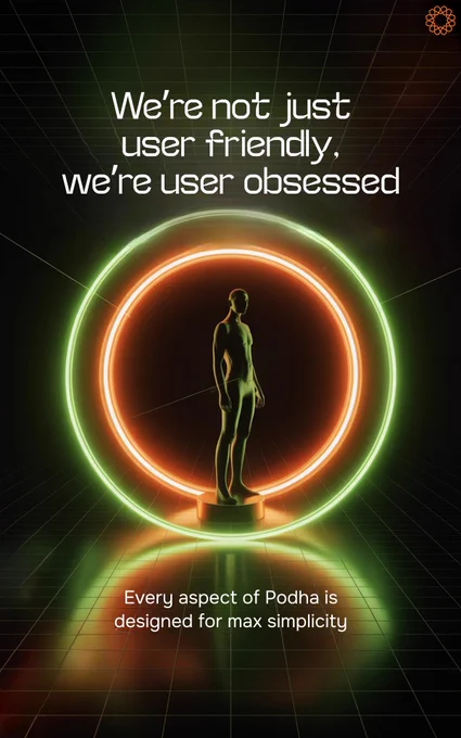 A sleek promotional graphic for Podha Protocol with a dark, futuristic theme. In the center, a stylized human figure stands inside concentric glowing neon rings of orange and green.