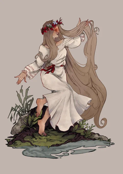 An image of a Samodiva wearing a white robe with red belt and circlet, her long blonde hair is being raised so it doesn't brush the ground.