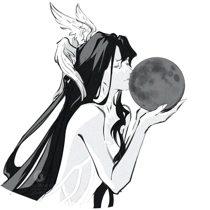 Columbina, woman wearing white dress, with a moon in her hands