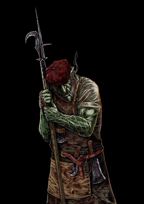 An image of a Redcap with green skin and a signature red cap, he is leaning on a polearm and glowering to his left.