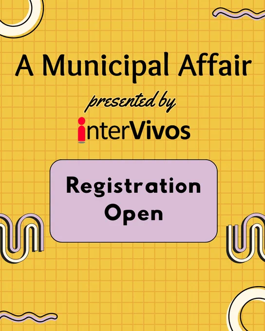 Yellow grid background with text announcing 'A Municipal Affair' event by interVivos and registration open in a purple box.