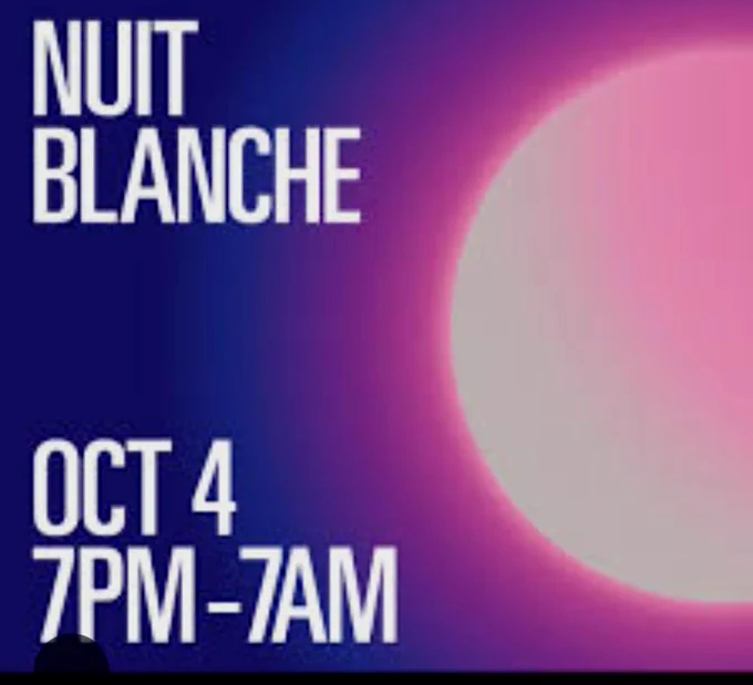 Get ready for a night of art, sound, and movement! 🌃✨

On October 4, from 7 p.m. to 7 a.m., Toronto transforms into a vibrant canvas with Nuit Blanche Toronto! 🎨🌆 

Join the FREE all-night celebration of contemporary art featuring 3 exhibitions in North York, Etobicoke, and downtown, showcasing over 85 works by local, national, and international artists. 🗺️💡 

Explore talks and workshops before and after Oct 4, diving into the creative processes behind the art. This year's theme, *Translating the City*, asks: how can art translate the complexities of cities and our roles within them? 🌟 

Don't miss it! 

#NuitBlancheToronto #TorontoArt #ContemporaryArt #TranslatingTheCity #PublicArt #ArtFestival #TorontoEvents #CultureTO #festivalsca #FestivalsCanada