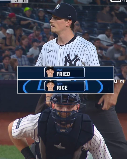 Screenshots of Max Fried (top) and Ben Rice (bottom) forming a "Fried Rice" battery for the New York Yankees during Wednesday's game. They are wearing pinstriped New York Yankees jerseys.