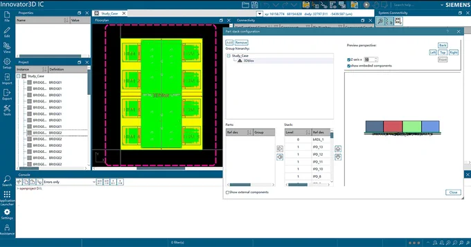 Screenshot of Siemens Innovator3D IC software showing chip floorplan, component list, stack configuration, and 3D preview.