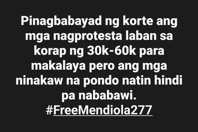 Pinagbabayad ng korte ang mga nagprotesta laban sa korap ng 30k-60k para makalaya pero ang mga ninakaw na pondo natin hindi pa nababawi.
#FreeMendiola277