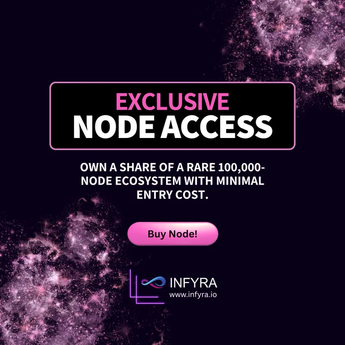 Cosmic design with bold text announcing "Exclusive Node Access," offering a chance to join a rare 100,000-node ecosystem at minimal entry cost.