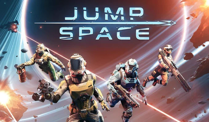 Four futuristic astronauts in space suits, equipped with weapons, navigate through a cosmic backdrop with a planet and asteroids.