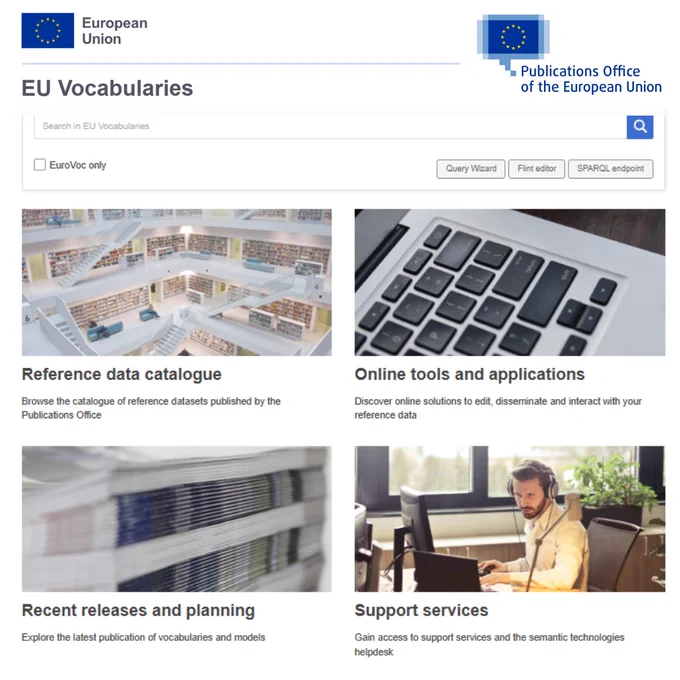 A screen capture of our webpage 'EU Vocabularies' showing four different sections 'Reference data catalogue', 'Online tools and applications', 'Recent releases and planning' and 'Support services'.