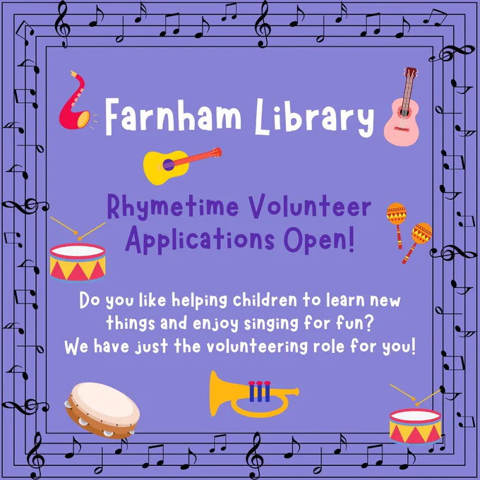 A purple square, with music notes around the edges.
 
Inside the music notes, white text reads: Rhymetime volunteer applications open!
 
Do you like helping children to learn new things and enjoy singing for fun?