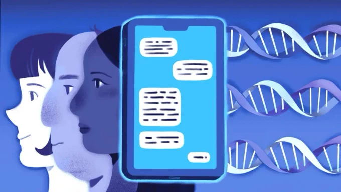 Care to share illustration depicting a series of face profiles, a smartphone and strands of DNA.