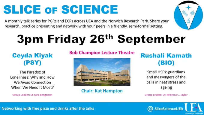 Poster for "Slice of Science," a monthly talk series for PGRs and ECRs across UEA and the Norwich Research Park. The event is scheduled for 3 pm, Friday 26th September at the Bob Champion Lecture Theatre. Chair: Kat Hampton.

Speakers:

Ceyda Kiyak (PSY) – "The Paradox of Loneliness: Why and How We Avoid Connection When We Need It Most?" (Group Leader: Dr. Sara Bengtsson)

Rushali Kamath (BIO) – "Small HSPs: guardians and messengers of the cells in heat stress and ageing" (Group Leader: Dr. Rebecca C. Taylor)

The poster includes a photo of the Bob Champion building, the Slice of Science logo (a blue circle with white background featuring science icons), and UEA’s logo.

Footer note: “Networking with free pizza and drinks after the talks” and social media handle @SliceScienceUEA.