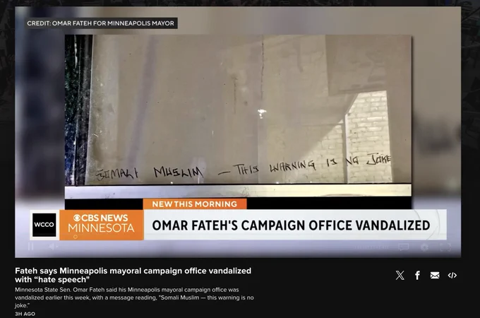 A screenshot of a CBS News Morning story about the vandalism. It shows a picture of the graffiti that says, " Somali Muslim—This Waring Is No Joke".