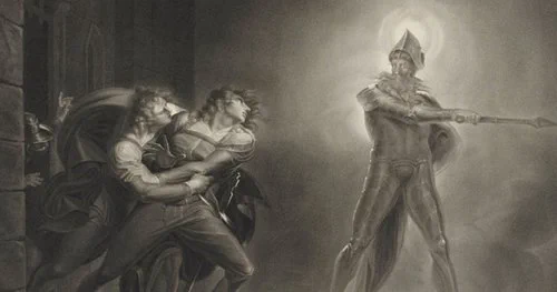 Black and white print depicting Hamlet, Act 1, Scene 4. Hamlet, Horatio, Marcellus and the Ghost on the platform before the Palace of Elsinore. 