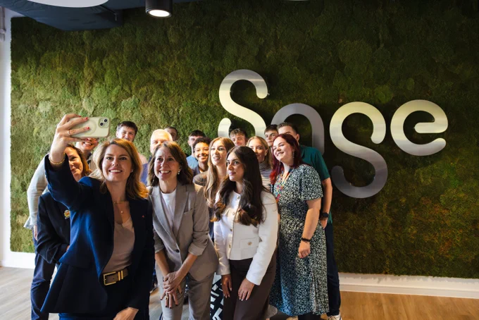 Tech Secretary Liz Kendall (centre), taking a selfie with apprentices at Sage offices