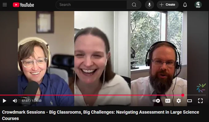 This image is a screenshot of the Crowdmark Podcast showing the host on the left, a professor laughing in the middle, and Asst. Prof. Phill Delekta speaking on the right. Everyone is laughing and in good spirits. 
