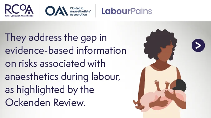 Epidural and spinal anaesthesia patient information infographics.
Logos include: RCoA, Obstetric Anaesthetists' Association and Labour Pains