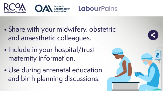 Epidural and spinal anaesthesia patient information infographics.
Logos include: RCoA, Obstetric Anaesthetists' Association and Labour Pains