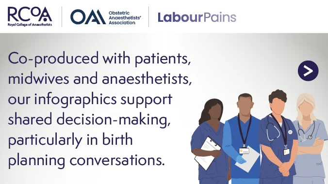 Epidural and spinal anaesthesia patient information infographics.
Logos include: RCoA, Obstetric Anaesthetists' Association and Labour Pains. 