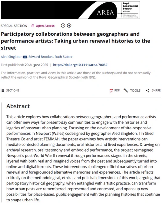 Title and abstract for 'Participatory collaborations between geographers and performance artists: Taking urban renewal histories to the street' by Aled Singleton, Edward Brookes,  and Ruth Slatter in Area.