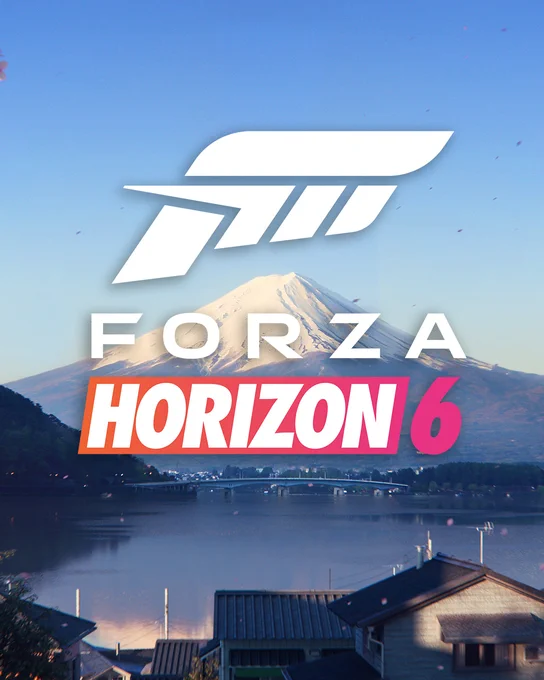 Promotional poster for Forza Horizon 6 featuring a logo overlaid on an idyllic Japanese landscape with a mountain, lake, and houses.