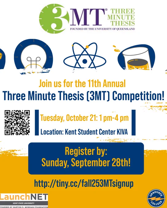 A flyer for the Three Minute Thesis (3MT) Competition on Tuesday, October 21 from 1 pm-4 pm in the Kent Student Center KIVA. Students can signup to participate by Sunday, September 28th by using the QR code in the flyer or the following link (http://tiny.cc/fall253MTsignup).