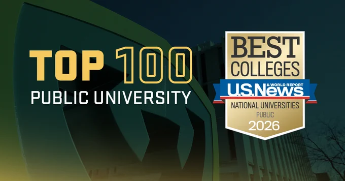Graphic displaying "Top 100 Public University" with the W shield in the background, alongside the U.S. News Best Colleges badge for National Universities Public 2026.