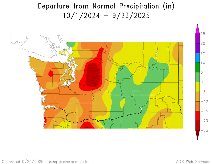The 12-month departure from normal precipitation for Washington state shows much of western Washington with precipitation deficits over 10 inches with some areas over 20 inches since October 1, 2024.