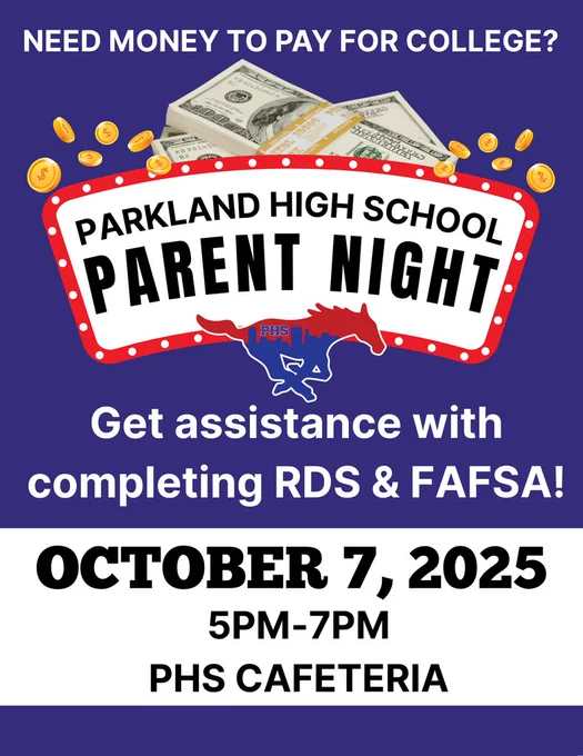 Seniors and Parents: Parent Night will be held on October 7 from 5 pm-7 pm in the Cafeteria. Come out and get assistance with completing the FAFSA and RDS.