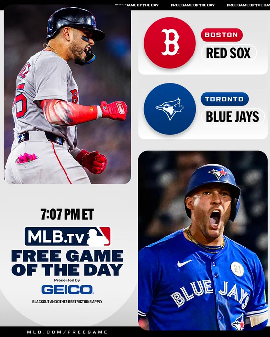 MLB.TV Free Game of the Day
Presented by GEICO
Boston Red Sox vs. Toronto Blue Jays 7:07 P.M.
Pictured top left: Carlos Narváez in a gray road Red Sox uniform with red lettering, sleeves, and batting gloves, and a dark blue helmet.
Pictured bottom right: George Springer in a blue Blue Jays uniform with white lettering and a blue helmet.