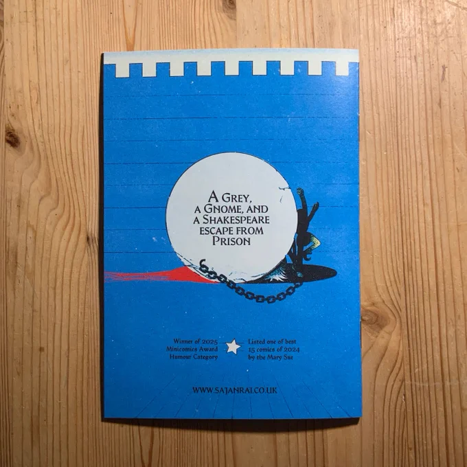 back cover of alas   blurb - A grey, a gnome and a shakespeare escape from prison
