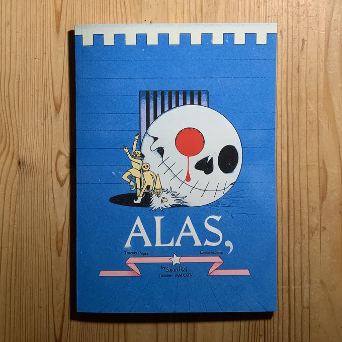 printed comic book of Alas. A grey, a gnome and a shakespeare stand in front of a large smiling skull with a bleeding eye. 