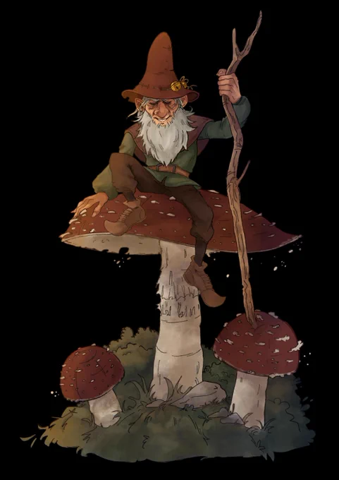 An image of a wizend Kabouter with a peaked cap and long beard sitting on top of a red mushroom.

