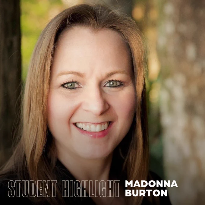 Portrait of Madonna Burton smiling, with 'Student Highlight' text overlay, set against a blurred natural background.