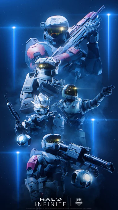 Spartans from Halo Infinite, including one in Hayabusa, in heroic poses.