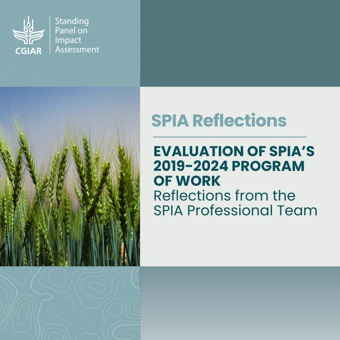 Cover image for a CGIAR SPIA document titled 'Evaluation of SPIA's 2019–2024 Program - Reflections from the Team', featuring a background photo of lush green crops.